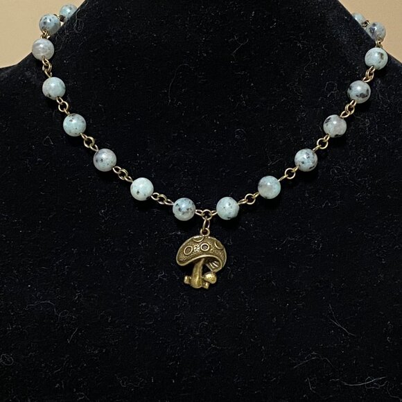 Natural Light Teal Kiwi Jasper Necklace, Bronze Round Mushroom+ Genuine Gemstone - Picture 3 of 13